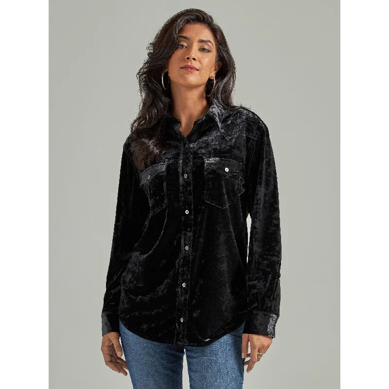 Wrangler Women's Retro Black Velvet Boyfriend Fit Button Down Top