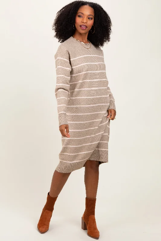 Beige Striped Midi Sweater Dress