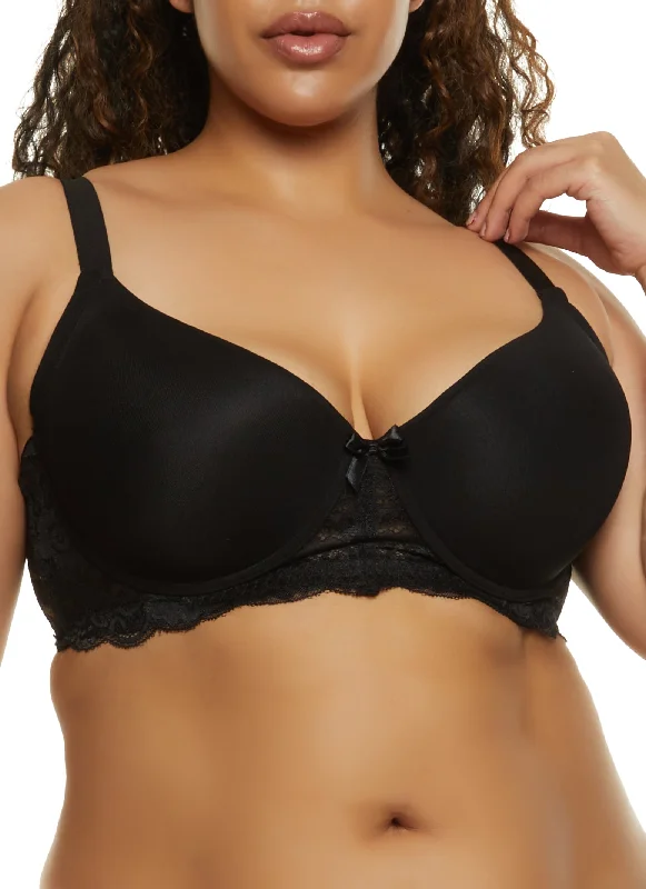 Plus Size Basic Black Lace Plunge Bra