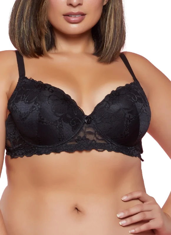 Plus Size Floral Lace Bow Plunge Bra