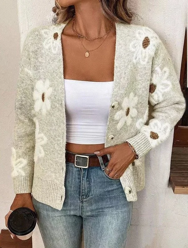Floral button front cardigan Artistic Women's Hand - painted