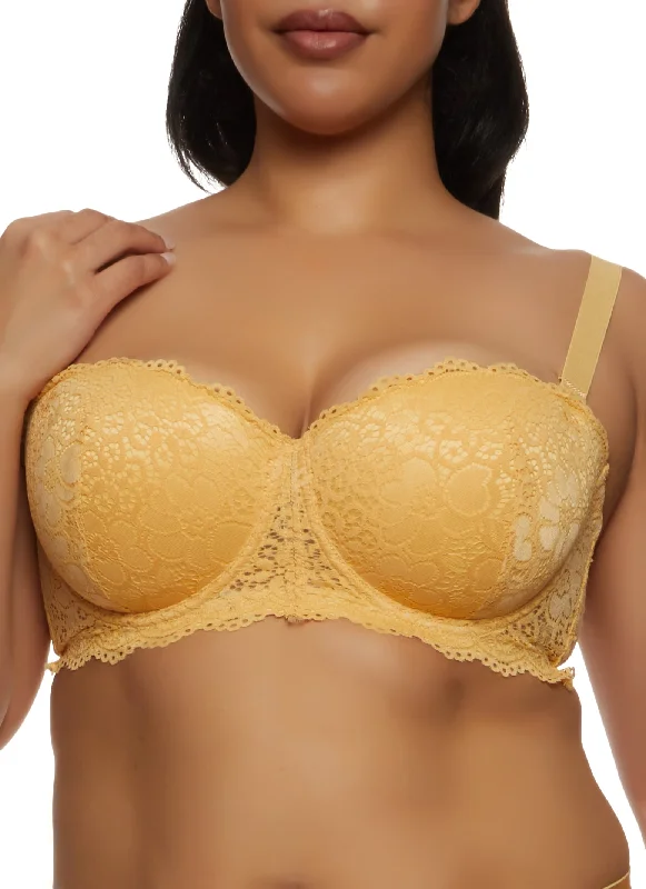 Plus Size Scalloped Solid Floral Lace Balconette Bra | Converts to Strapless Youthful Women's Anime - inspired