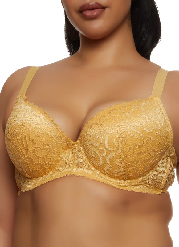 Plus Size Solid Patterned Lace Plunge Bra Artistic Women's Hand - painted