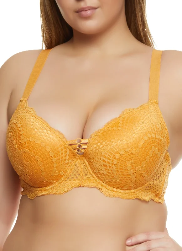 Plus Size Patterned Lace Caged Plunge Bra Gym