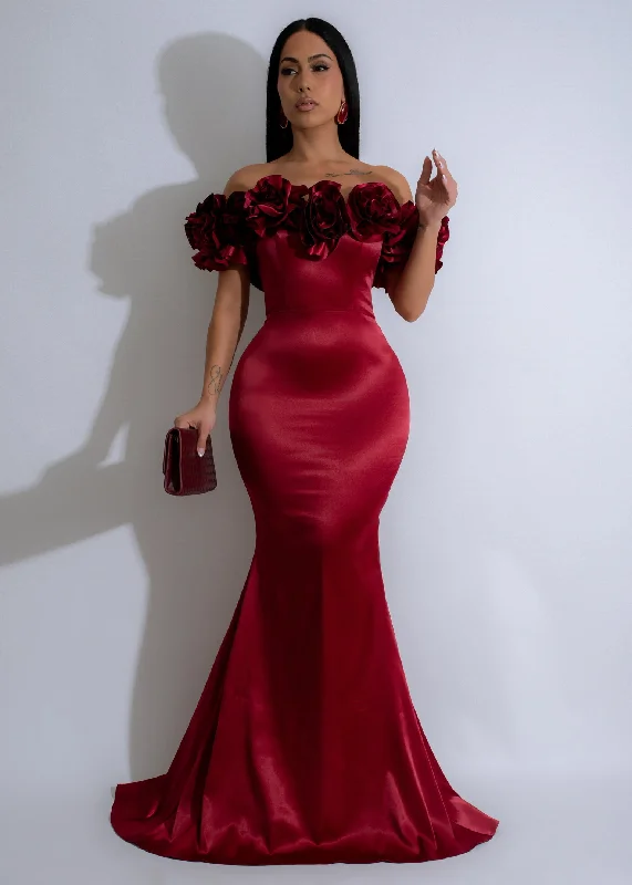 Rosette Majesty Satin Floral Maxi Dress Red