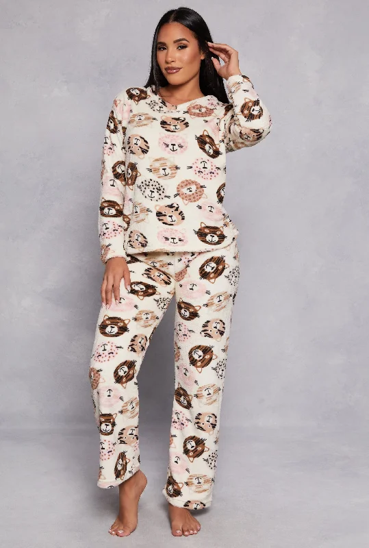 Plush Animal Face Print Pajama Top and Pants Set