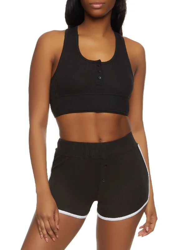 Rib Knit Button Detail Pajama Bralette and Shorts