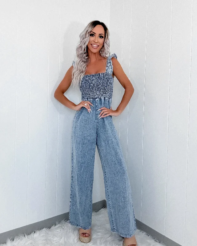 Blissful Romance Smocked Denim Jumpsuit - Denim