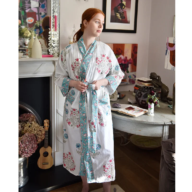 Blue+Pink Floral Block Print Dressing Gown - Powell Craft Youthful Women's Anime - inspired Blue+Pink Floral Block Print Dressing Gown - Powell Craft Youthful Women's Anime - inspired