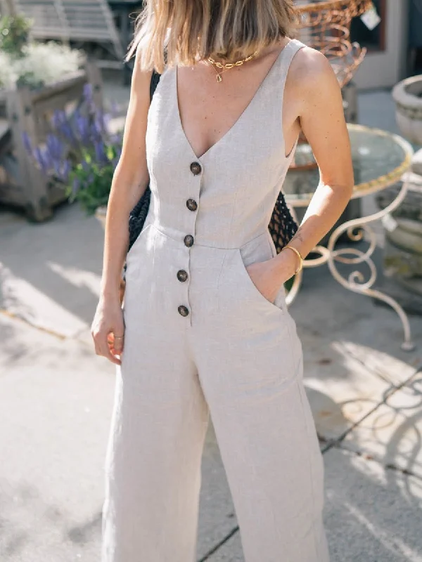 Deep V-Neck Button Linen Jumpsuit Practical Women's Multi - 