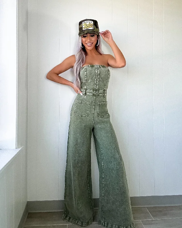 Midland Tube Top Denim Jumpsuit - Olive Youthful Women's Pop