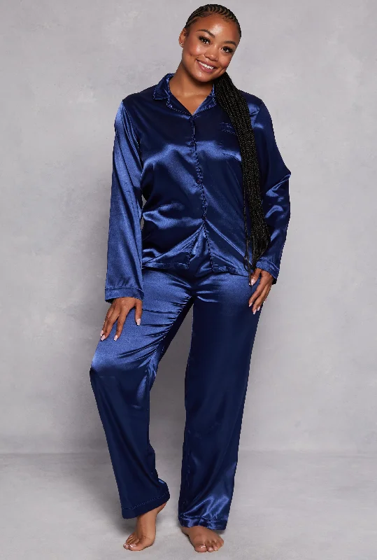 Plus Size Satin Notch Collar Pajama Shirt and Pants