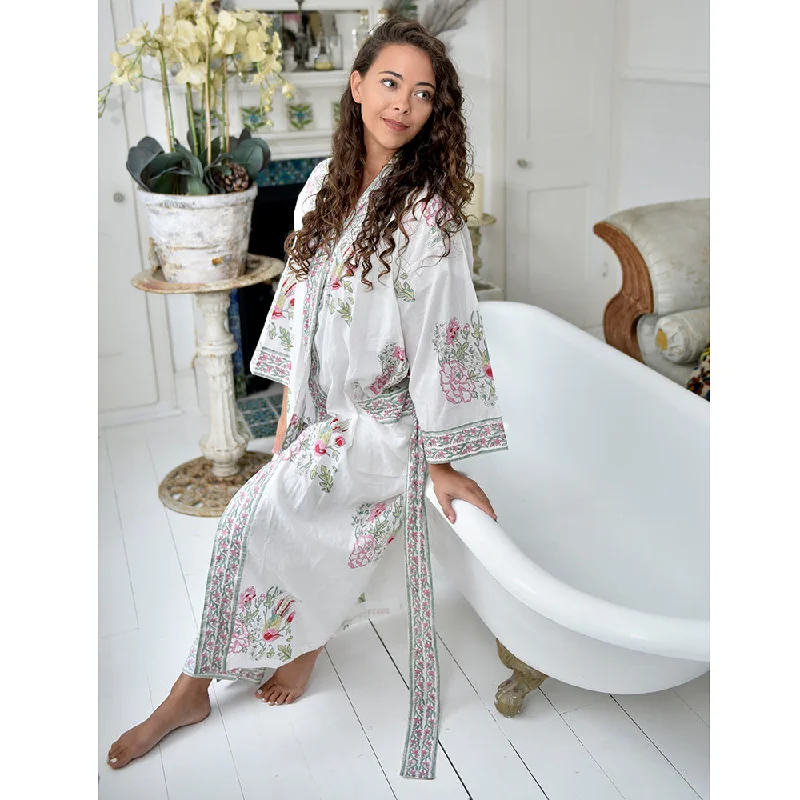 Pink+Green Floral Block Print Dressing Gown - Powell Craft Dapper Women's Bow - adorned Pink+Green Floral Block Print Dressing Gown - Powell Craft Dapper Women's Bow - adorned