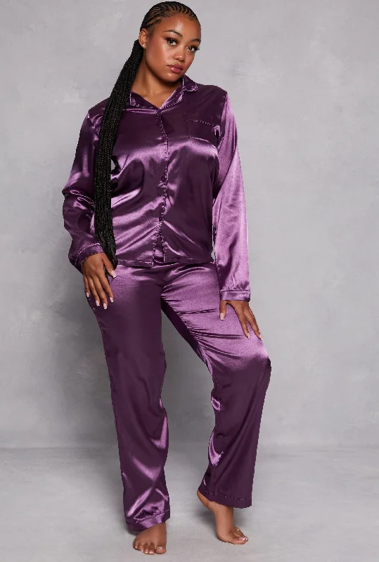 Plus Size Satin Notch Collar Pajama Shirt and Pants