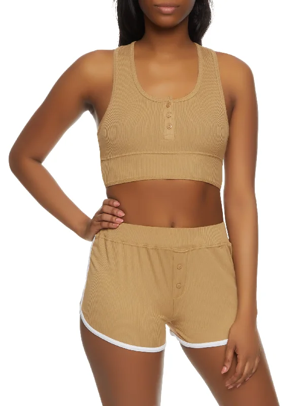 Rib Knit Button Detail Pajama Bralette and Shorts