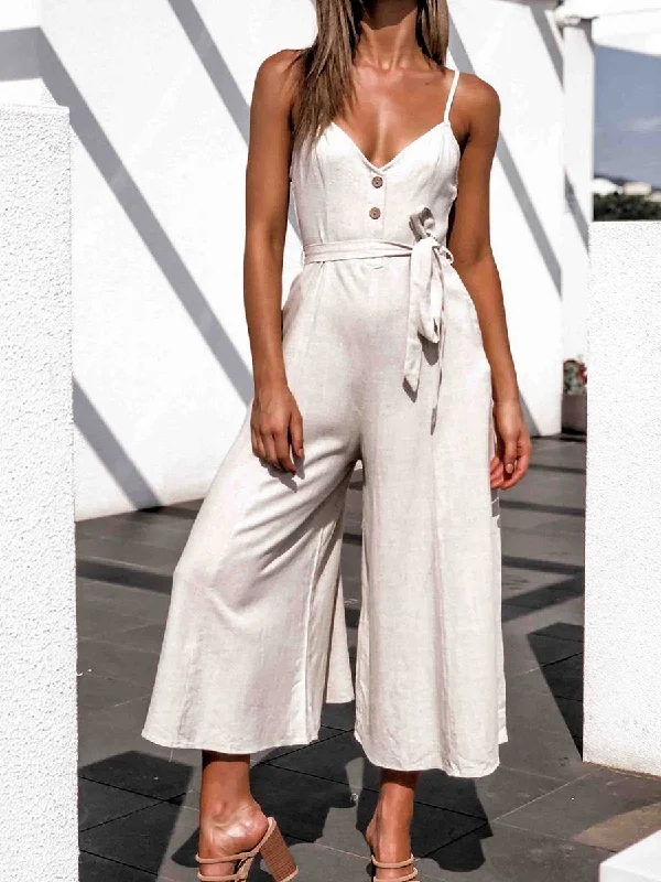 V-Neck Belt Loop Linen Pocket Jumpsuit