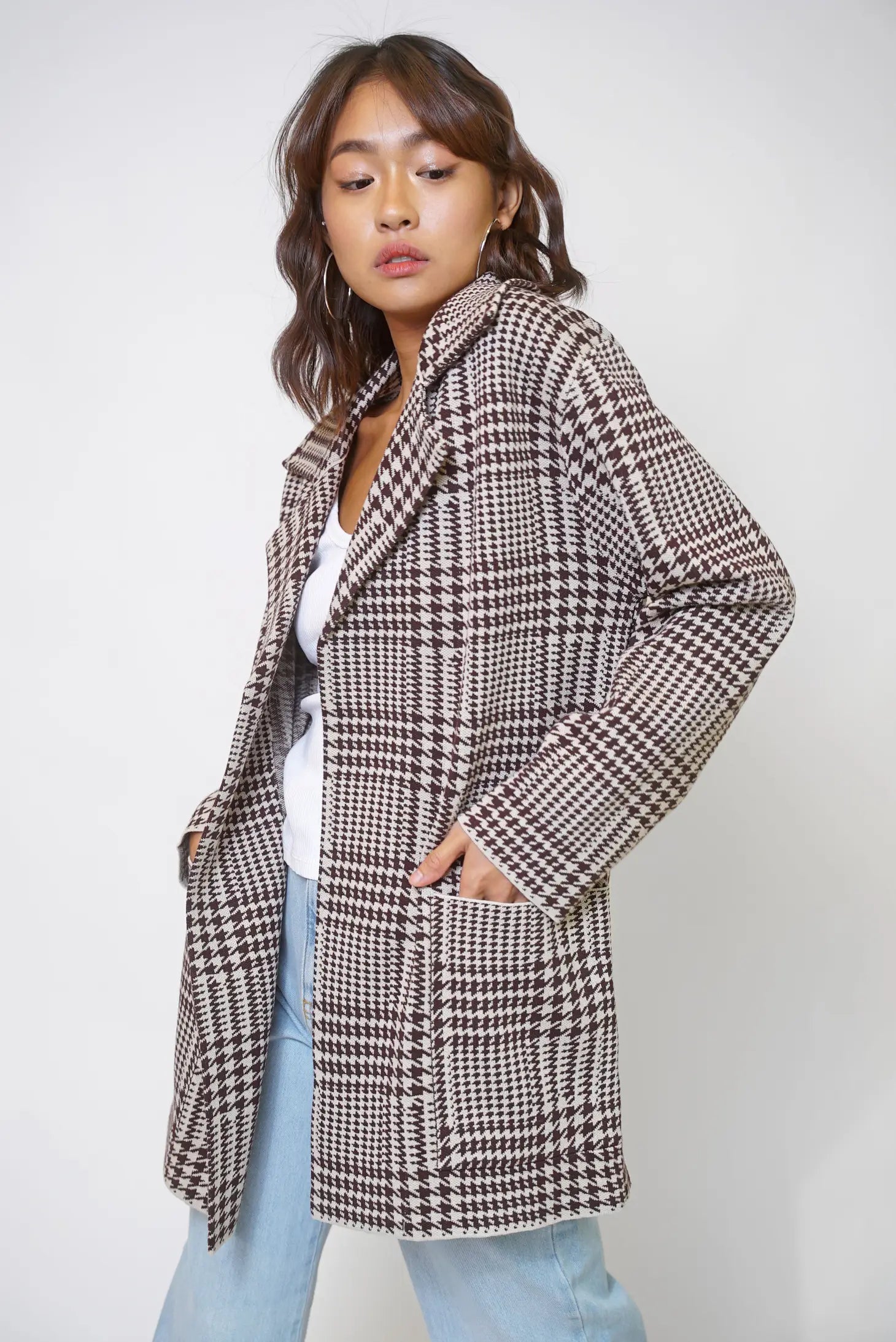 Women's Oversized Brown Plaid Coatigan Blazer