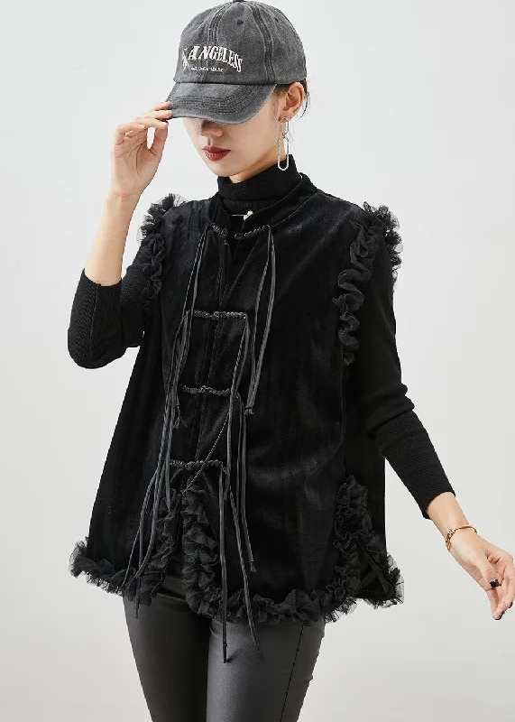 Chinese Style Black Tasseled Ruffled Silk Velour Vest Fall Youthful Women's Anime - inspired Chinese Style Black Tasseled Ruffled Silk Velour Vest Fall Youthful Women's Anime - inspired