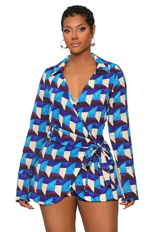 Kaleidoscope Wrap Romper (Blue Multi)-FINAL SALE