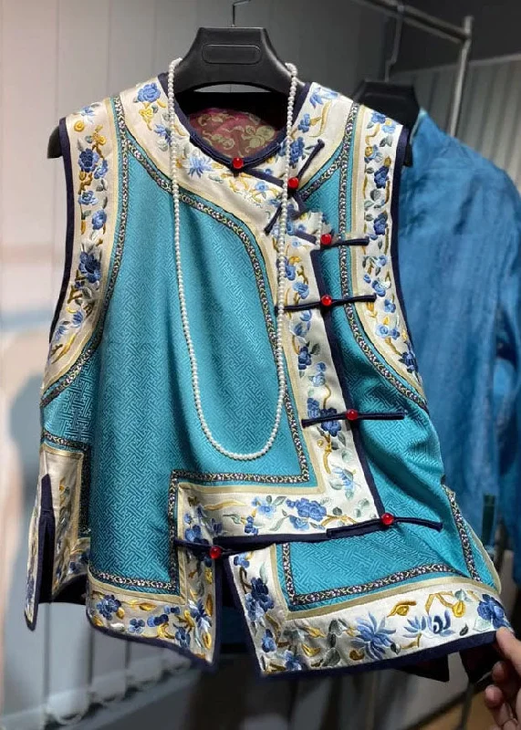Loose Blue O-Neck Embroideried Floral Patchwork Silk Waistcoat Fall Elegant Women's Loose Blue O-Neck Embroideried Floral Patchwork Silk Waistcoat Fall Elegant Women's