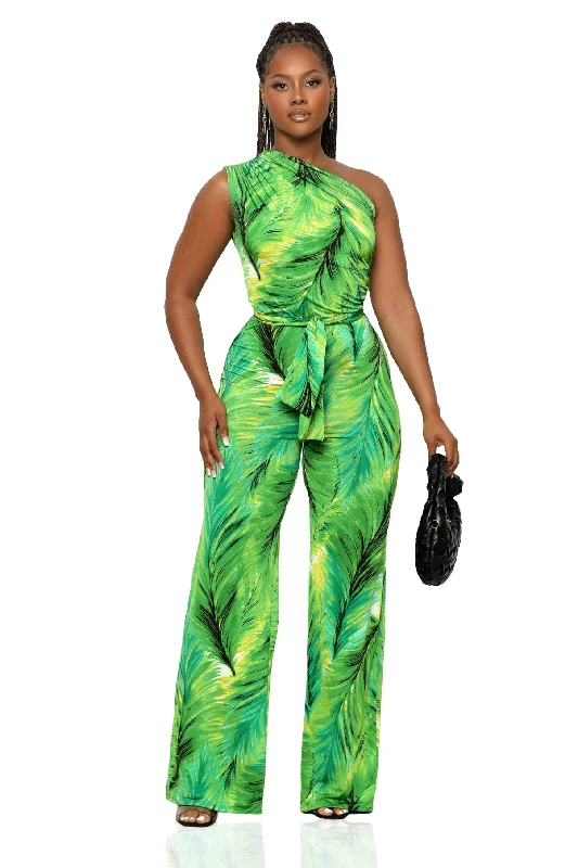 One Shoulder Palm Print Jumpsuit (Green)-FINAL SALE