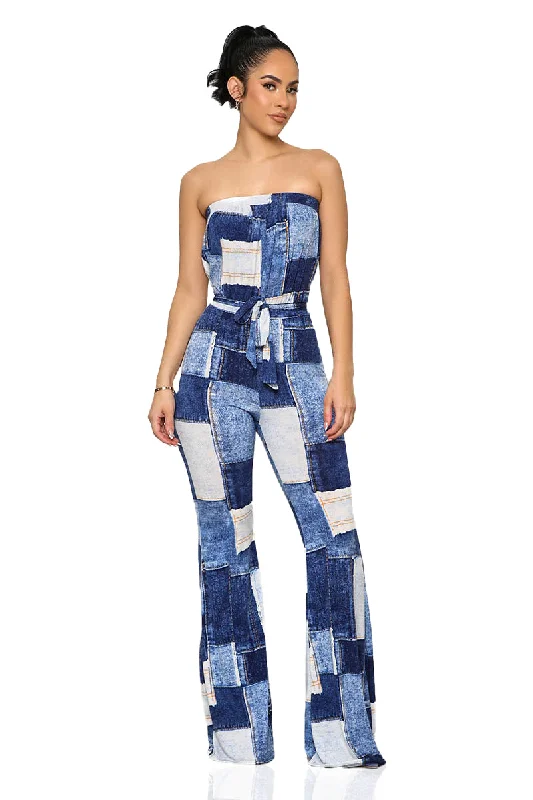 Patchwork Denim Print Sleeveless Jumpsuit (Blue Multi)-FINAL SALE