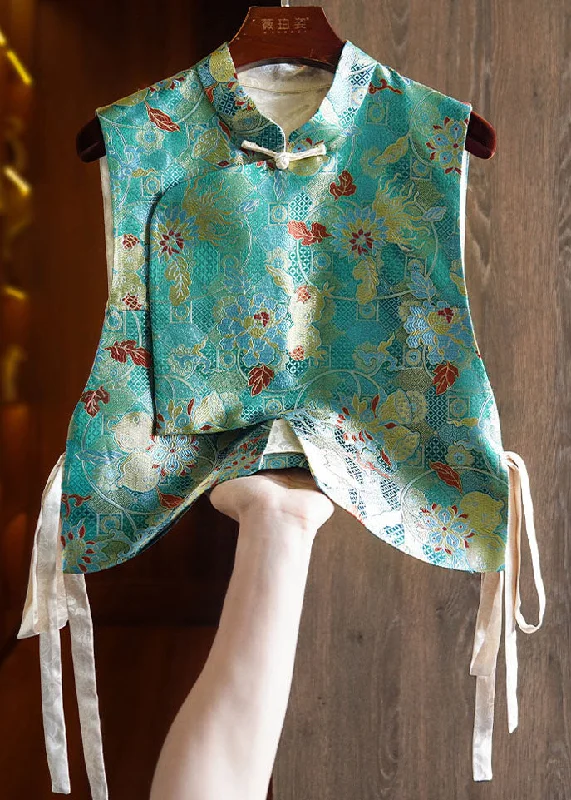 Retro Blue Stand Collar Asymmetrical Side Open Silk Waistcoat Sleeveless Cashmere
