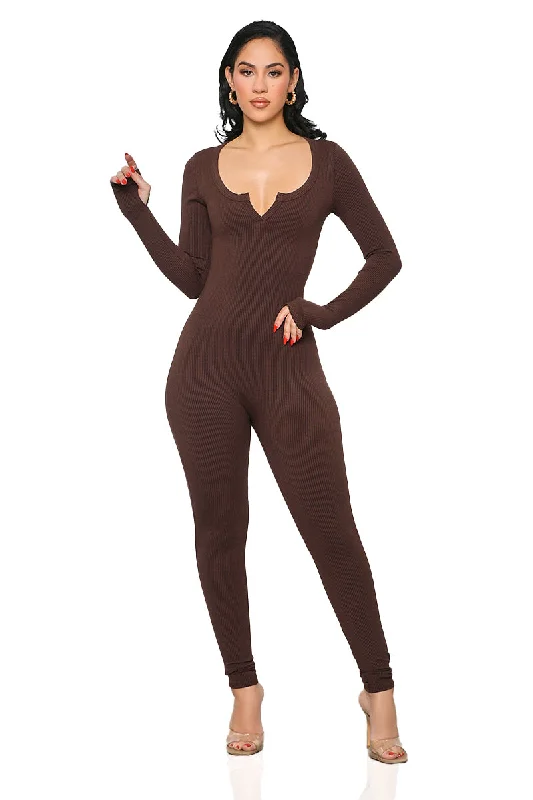 Seamless Ribbed Cut-Out Jumpsuit (Brown)- FINAL SALE