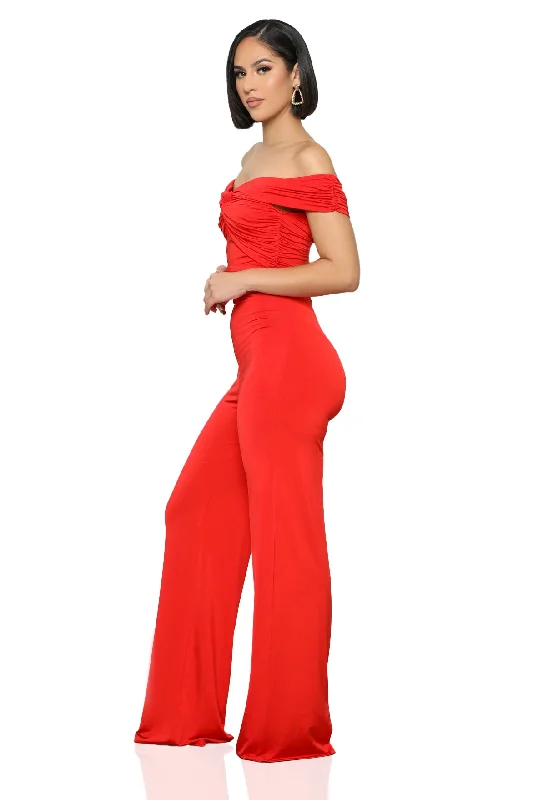 Twisted Off Shoulder Jumpsuit (Red)-FINAL SALE