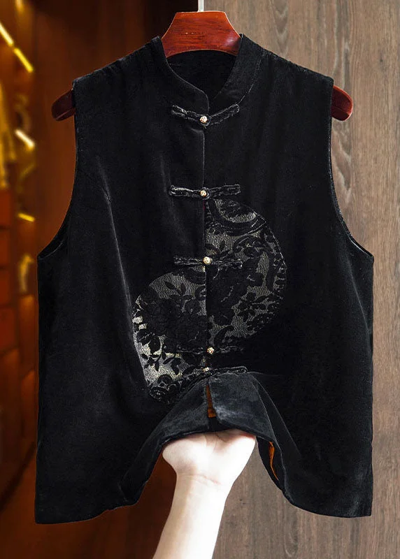 Unique Black Embroideried Patchwork Button Silk Velour Waistcoat Fall Casual Women's Loose - fitting Unique Black Embroideried Patchwork Button Silk Velour Waistcoat Fall Casual Women's Loose - fitting