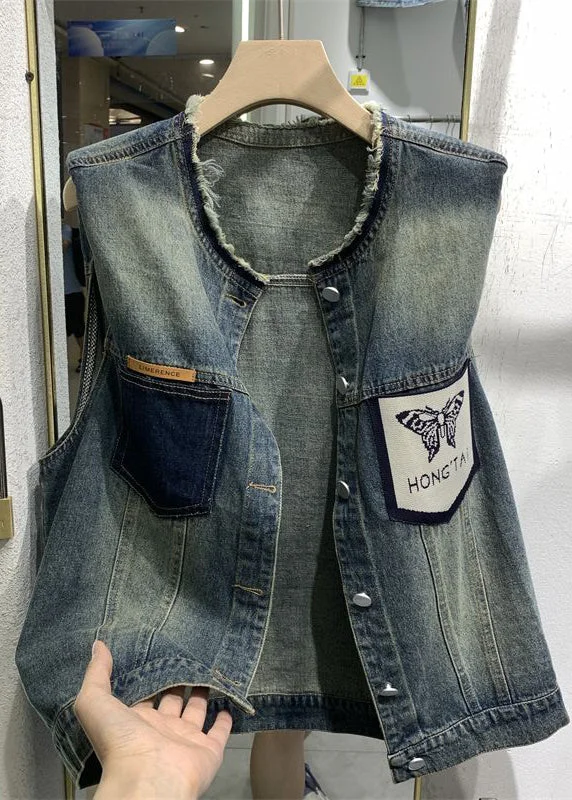 Women Blue O-Neck Print Pockets Patchwork Waistcoat Sleeveless Refined Women's Hand - crafted Women Blue O-Neck Print Pockets Patchwork Waistcoat Sleeveless Refined Women's Hand - crafted