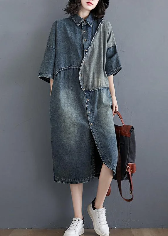 Women Lapel Patchwork Clothes Denim Blue Vestidos De Lino Dress