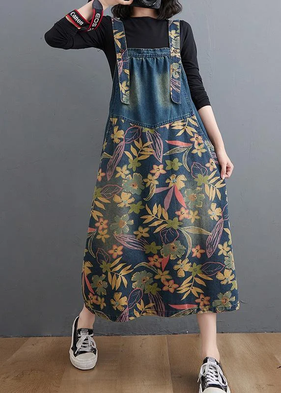 Women Pockets Fine Maxi Coat Denim Blue Print Vestidos De Lino Dress