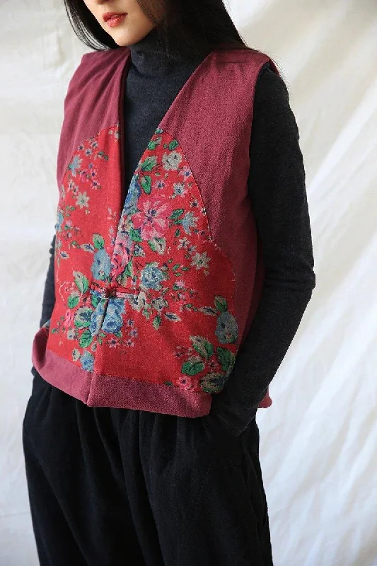 Women Vintage Linen Vests Coats Chinese Style Sleeveless V-Neck Patchwork