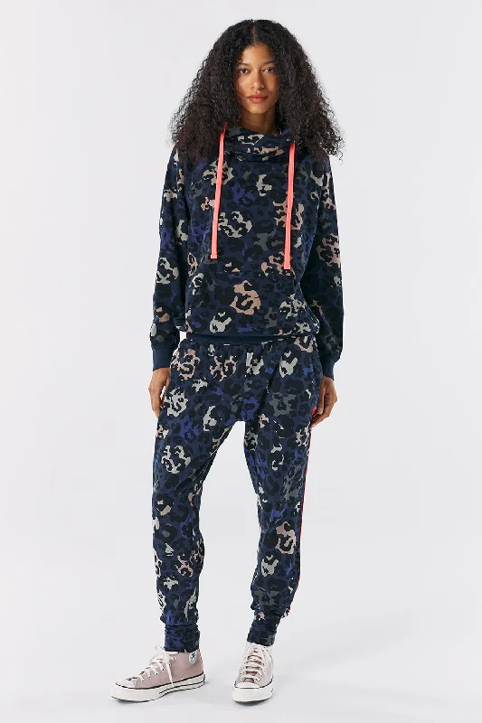 Navy Camo Leopard Cowl Neck Hoodie Elegant Women's Formal 