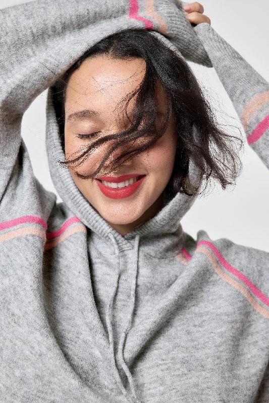 Grey with Peach and Pink Stripe Knitted Lounge Wear Hoodie French