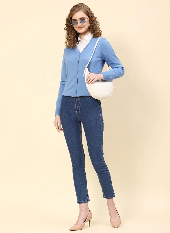 Women Sky Blue Solid Modal Nylone Cardigan