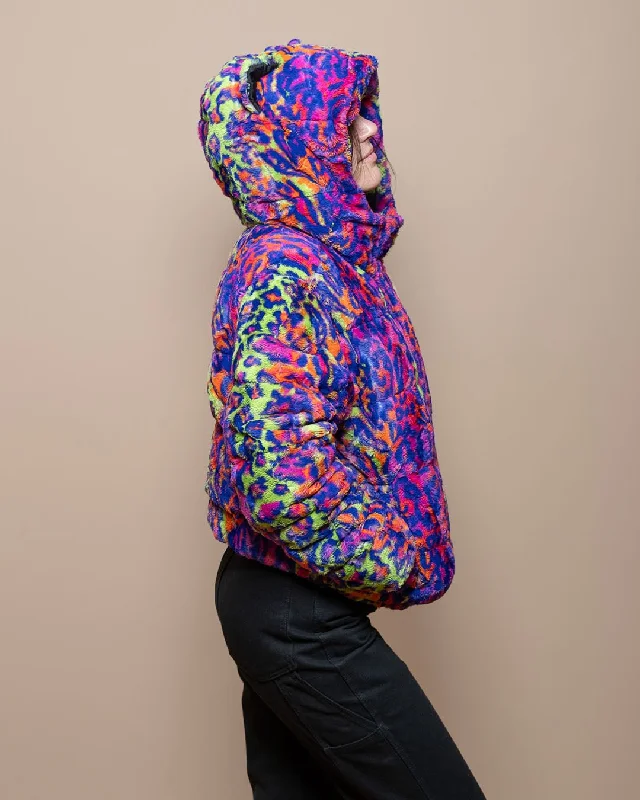 Classic Women's Hooded Puffer Jacket | Neon Disco Kitty Cool Women's Distressed