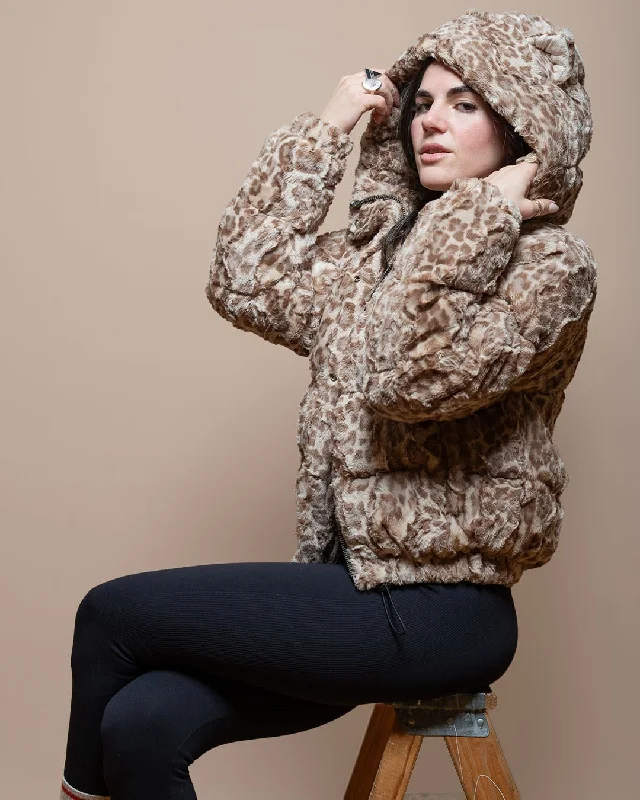 Classic Women's Hooded Puffer Jacket | Tan Leopard Casual Women's Loose - fitting