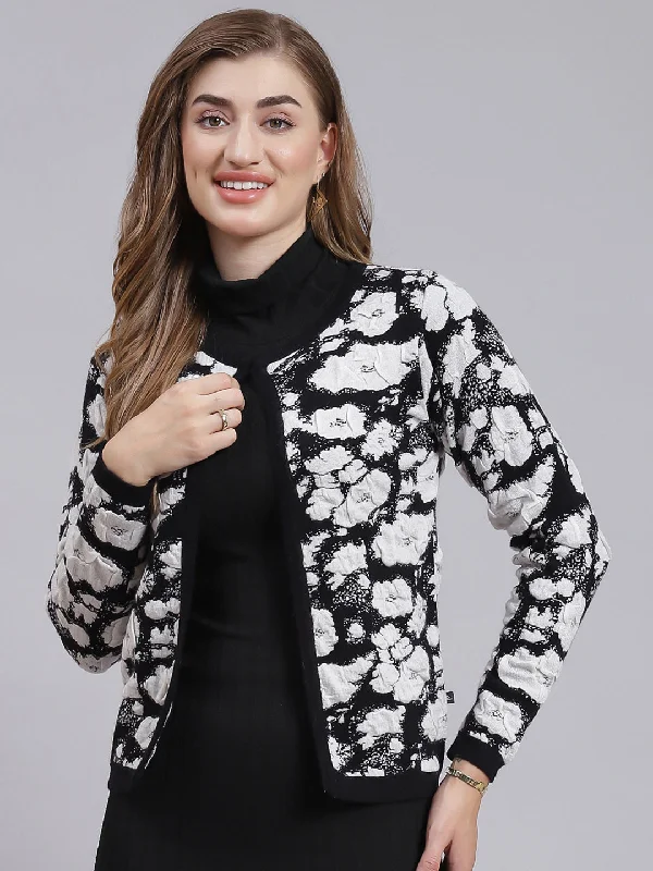 Women Black Jaquard Wool blend Cardigan