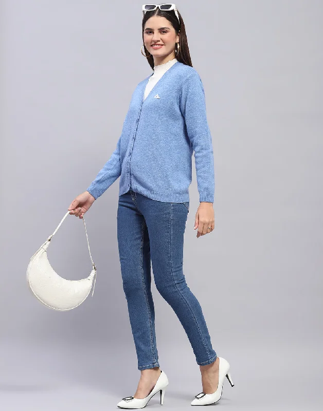 Women Blue Solid V Neck Full Sleeve Cardigan