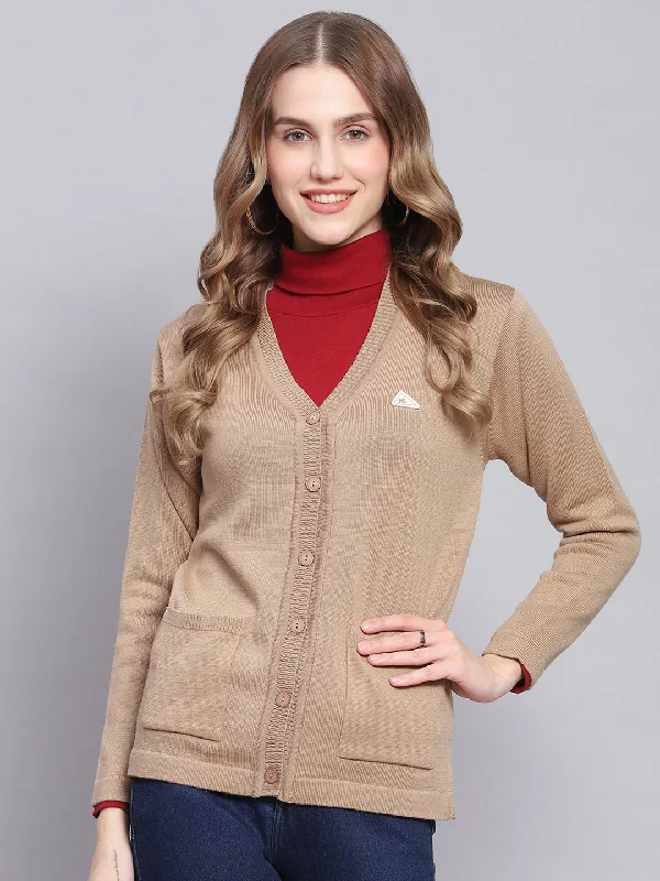 Women Camel Brown Solid V Neck Full Sleeve Cardigans Refined Women's 