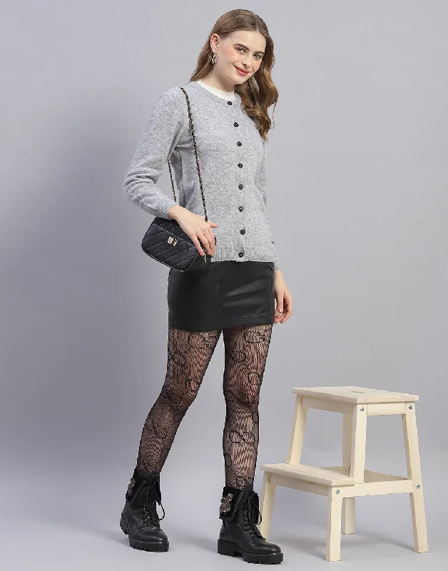 Women Grey Solid Round Neck Full Sleeve Cardigan