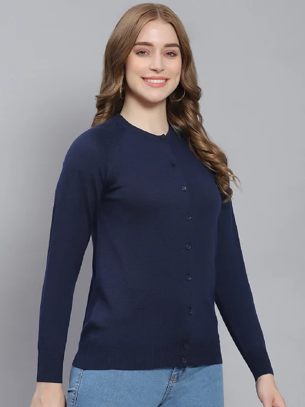 Women Navy Blue Solid Round Neck Full Sleeve Cardigans