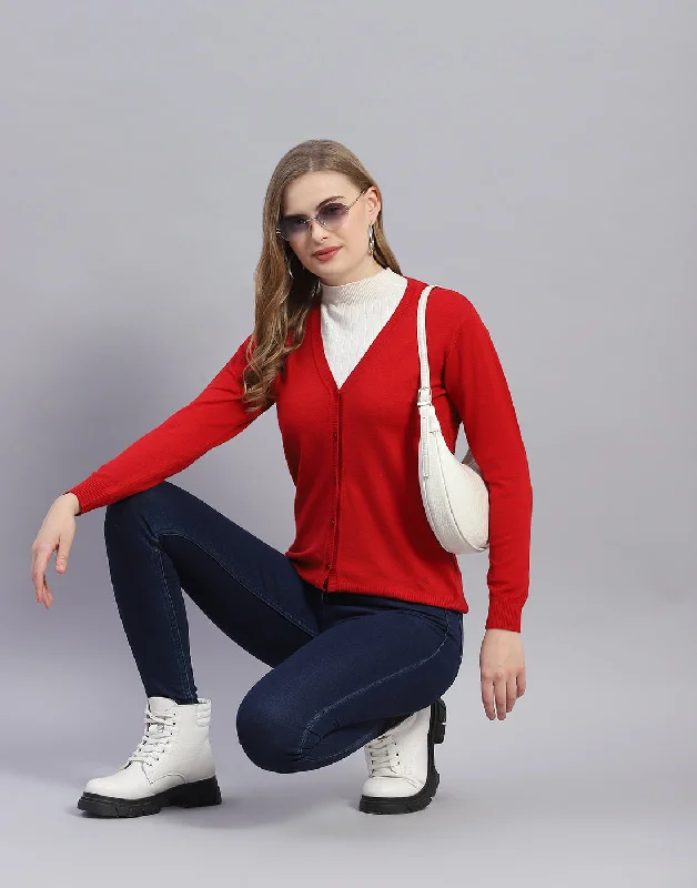 Women Red Solid V Neck Full Sleeve Cardigan