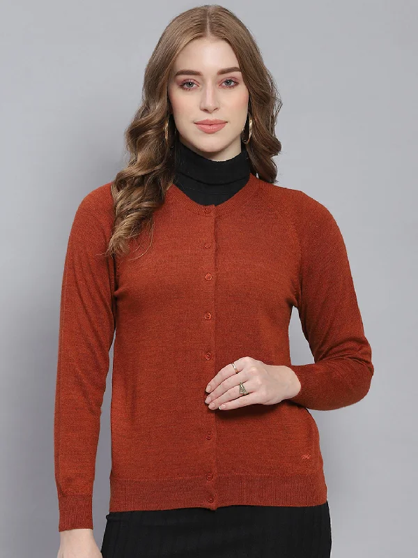Women Rust Solid Round Neck Full Sleeve Cardigans Relaxed Women's Beachy