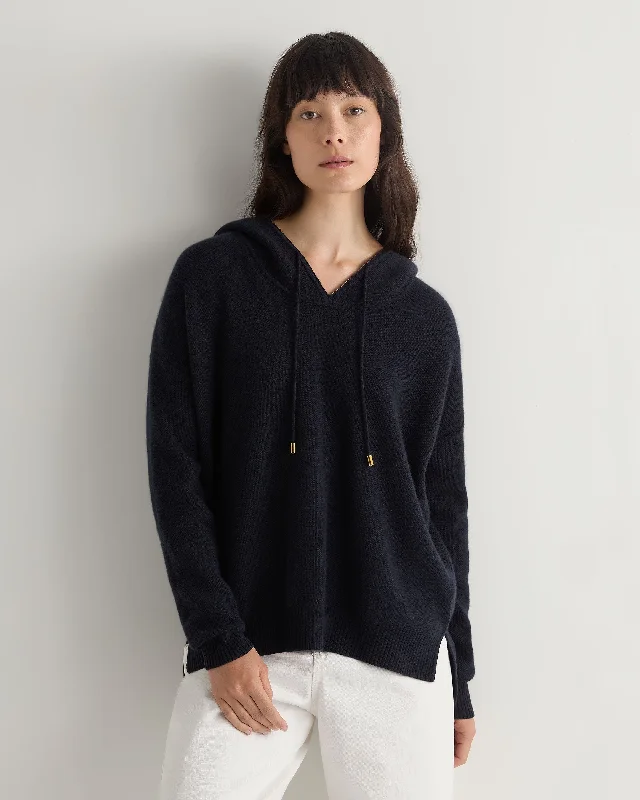 Women's Honeycomb Hooded Cashmere Sweater Navy Blue